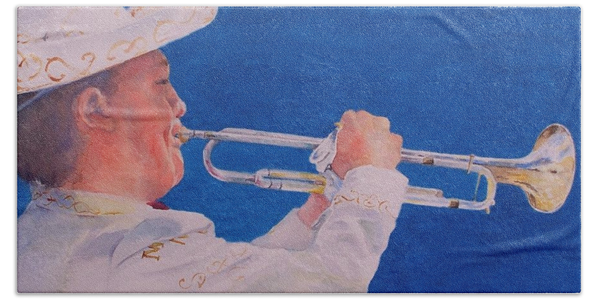 Mariachi Hand Towel featuring the painting Mariachi Trumpeter by Celene Terry