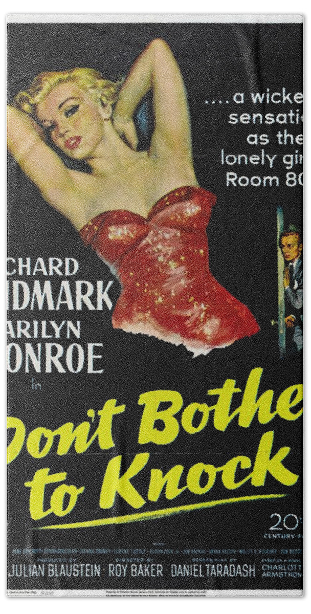 Marilyn Monroe Bath Towel featuring the painting Marilyn Monroe and Richard Widmark in DON'T BOTHER TO KNOCK by Vintage Collectables