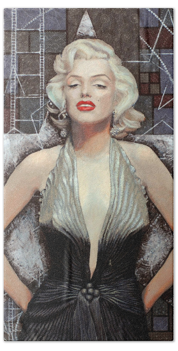 Marilyn Monroe Hand Towel featuring the painting Marilyn Monroe, Old Hollywood, celebrity art, famous woman, brightest blonde by Julia Khoroshikh
