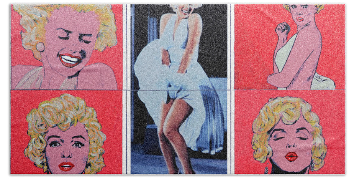 Marilyn Bath Towel featuring the painting Marilyn Monroe with Sketches by John Lautermilch