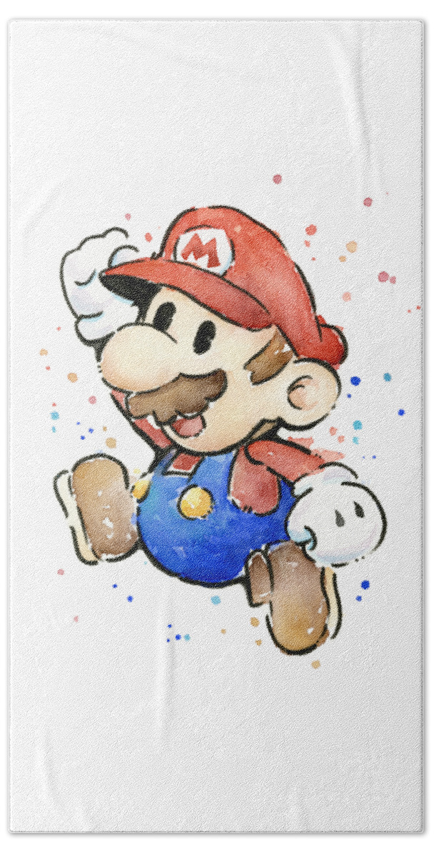 Video Game Bath Sheet featuring the painting Mario Watercolor Fan Art by Olga Shvartsur