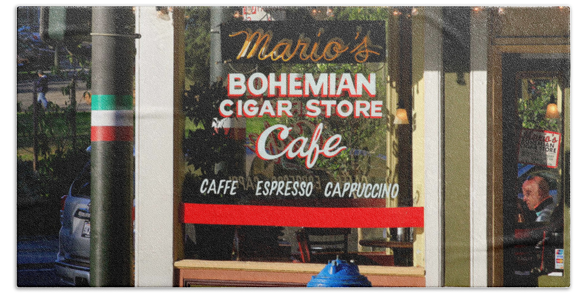 Bonnie Follett Bath Towel featuring the photograph Mario's Bohemian Cigar Store Cafe by Bonnie Follett