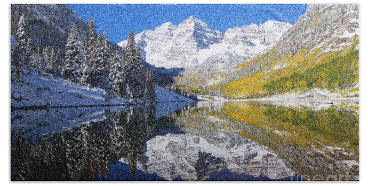 Aspen Hand Towel featuring the photograph Maroon Lake and Bells 1 by Ron Dahlquist - Printscapes
