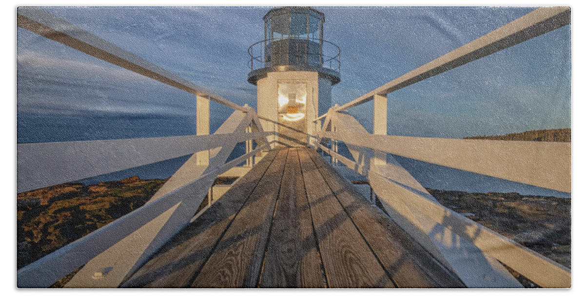 Marshall Point Lighthouse Hand Towel featuring the photograph Marshall Point Lighthouse at Sunrise by Kristen Wilkinson