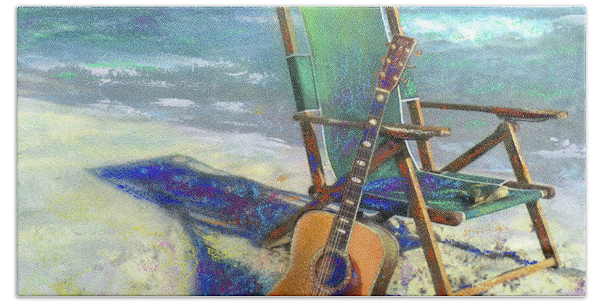 Guitar Bath Towel featuring the painting Martin Goes to the Beach by Andrew King