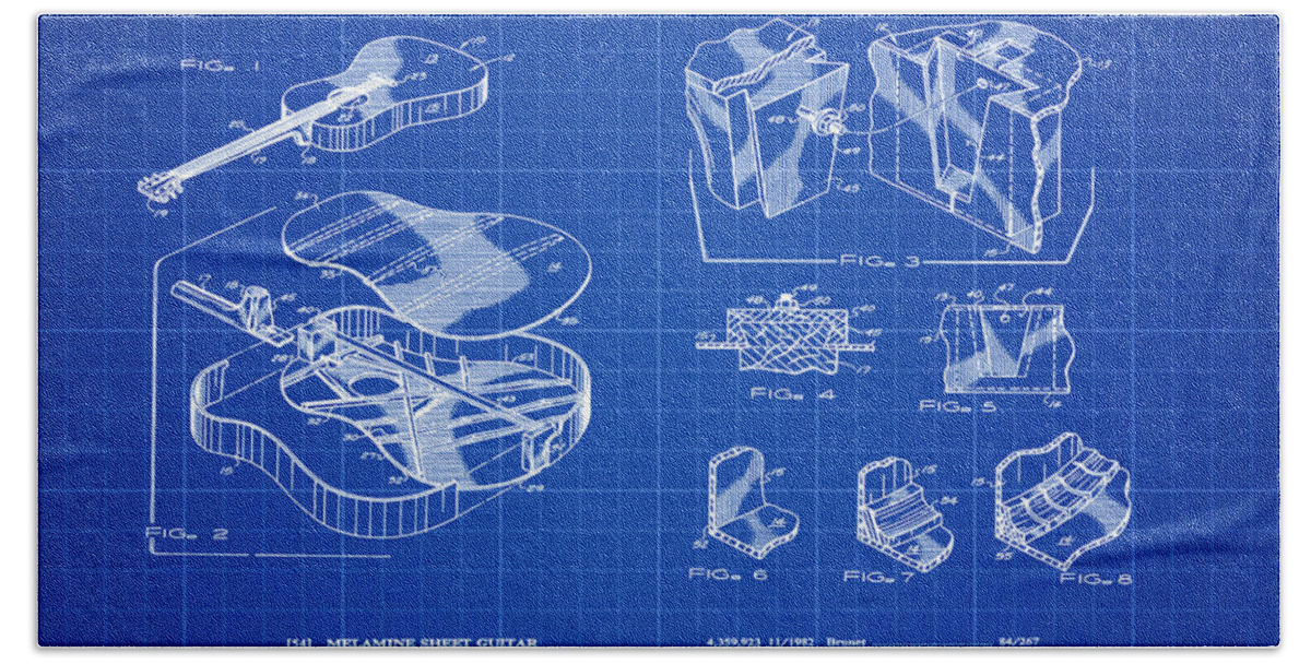 Gibson Hand Towel featuring the photograph Martin Guitar Patent DX1 1995 Blue Print by Bill Cannon