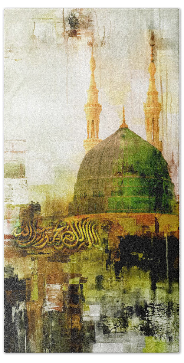 Masjid E Nabvi Hand Towel featuring the painting masjid e Nabawi 003 by Gull G
