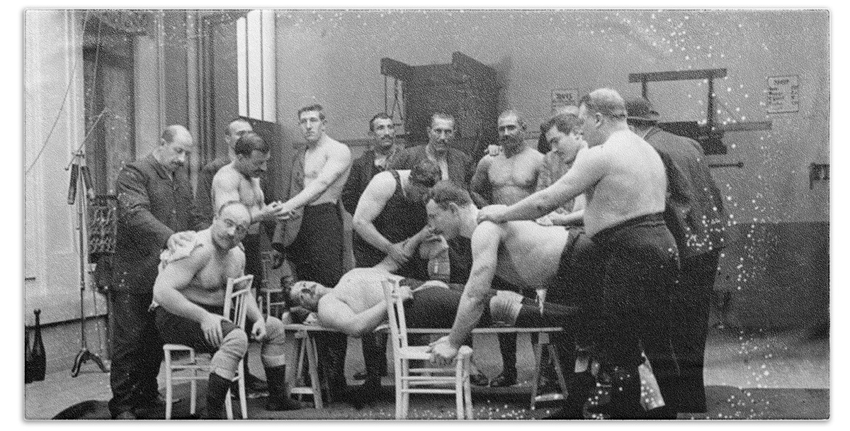 Turkish Wrestlers Massage Between Wrestlers Training Bath Towel featuring the photograph Massage between wrestlers training 1904 by Vincent Monozlay