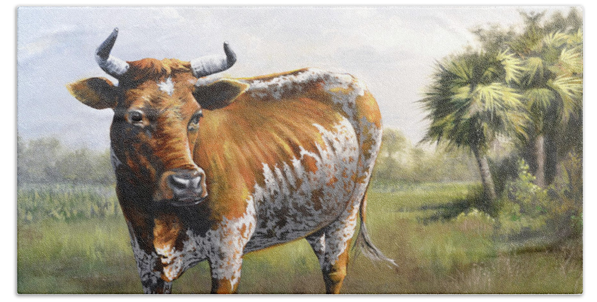 Joan Garcia Hand Towel featuring the painting On the Florida Prairie Matilda by Joan Garcia