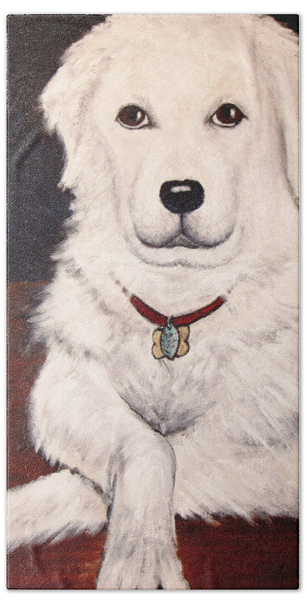 Dog Bath Towel featuring the painting Matisse- Portrait of a Hungarian Kuvasz by Nancy Mueller