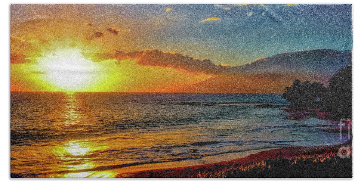 Maui Hand Towel featuring the photograph Maui wedding beach sunset by Tom Jelen