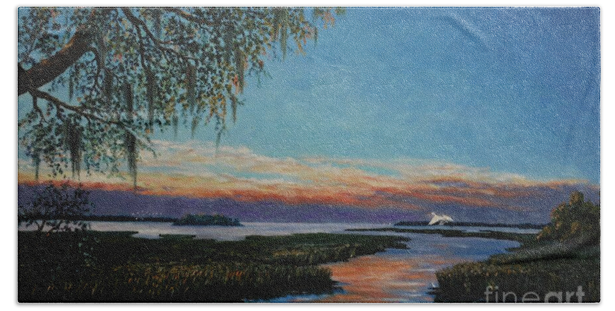 Sunset Bath Towel featuring the painting May River Sunset by Stanton Allaben