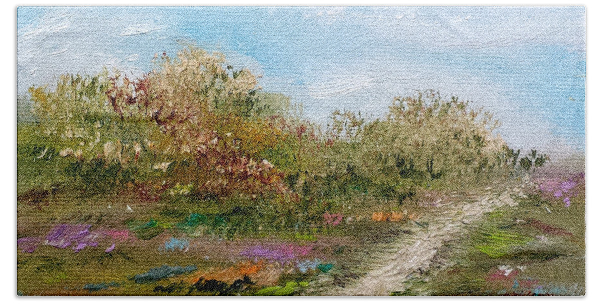 Landscape Bath Towel featuring the painting May The Road Rise Up To Meet You by Judith Rhue