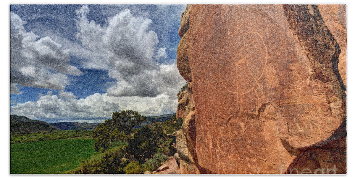 Petroglyph Hand Towel featuring the photograph McConkie Ranch Petroglyph 1 - Utah by Gary Whitton