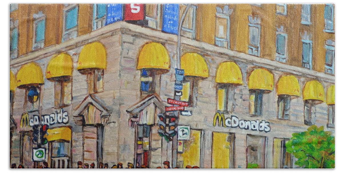 Montreal Bath Towel featuring the painting Mcdonald Restaurant Old Montreal by Carole Spandau