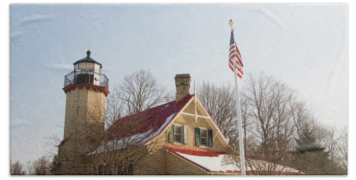 America Bath Towel featuring the photograph McGulpin Point Lighthouse, Mackinac City, Michigan in winter by Karen Foley