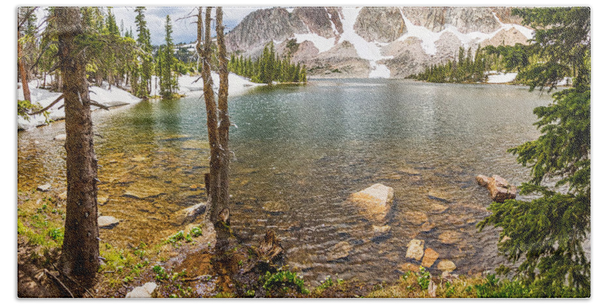 Mountain Hand Towel featuring the photograph Medicine Bow Snowy Mountain Range Lake View by James BO Insogna