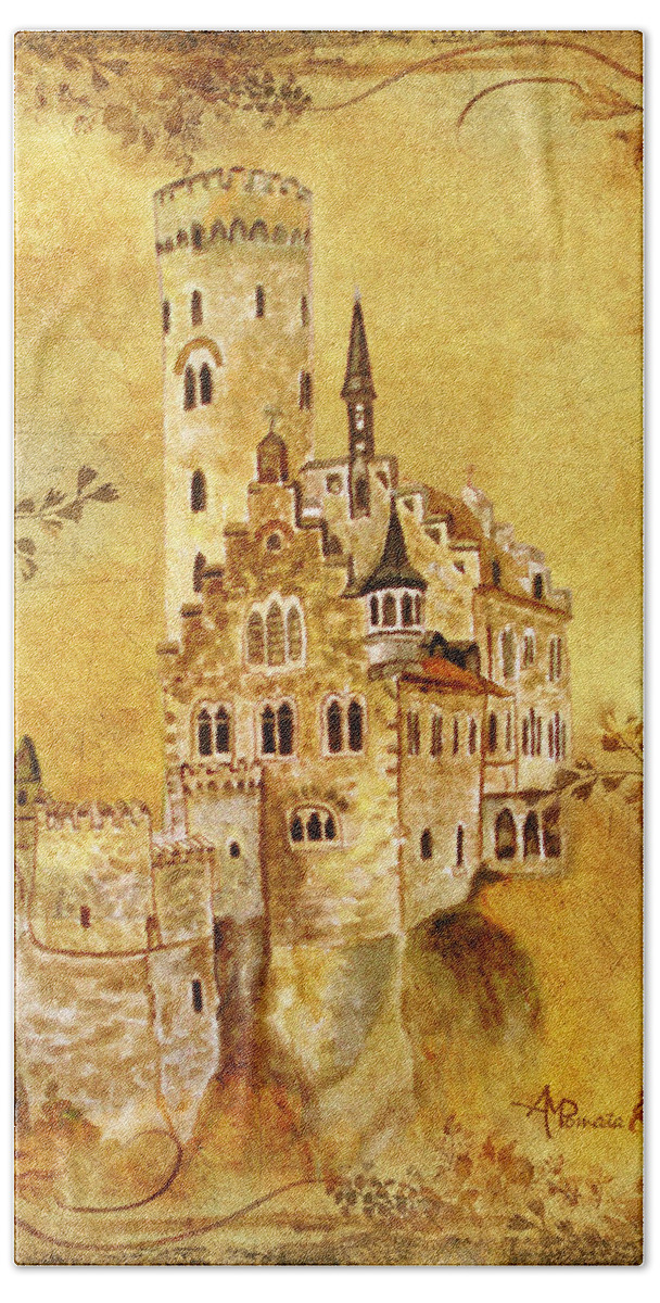 Castles Hand Towel featuring the painting Medieval Golden Castle by Angeles M Pomata