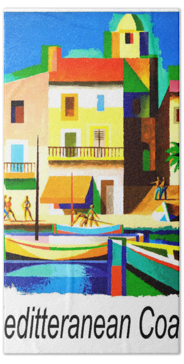 Mediterranean Coast Hand Towel featuring the painting Mediterranean Coast, fishing boats by Long Shot