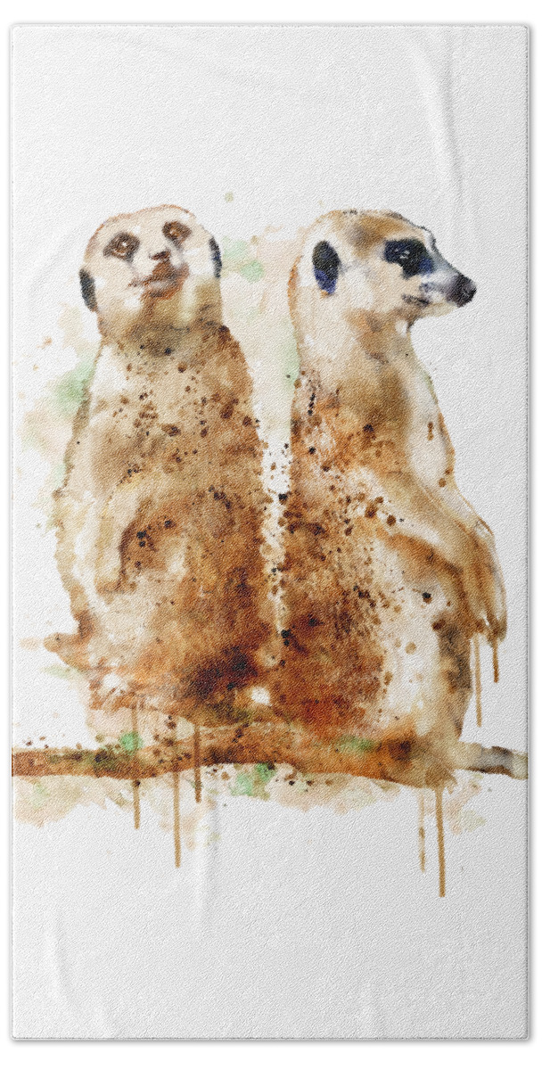 Marian Voicu Hand Towel featuring the painting Meerkats by Marian Voicu