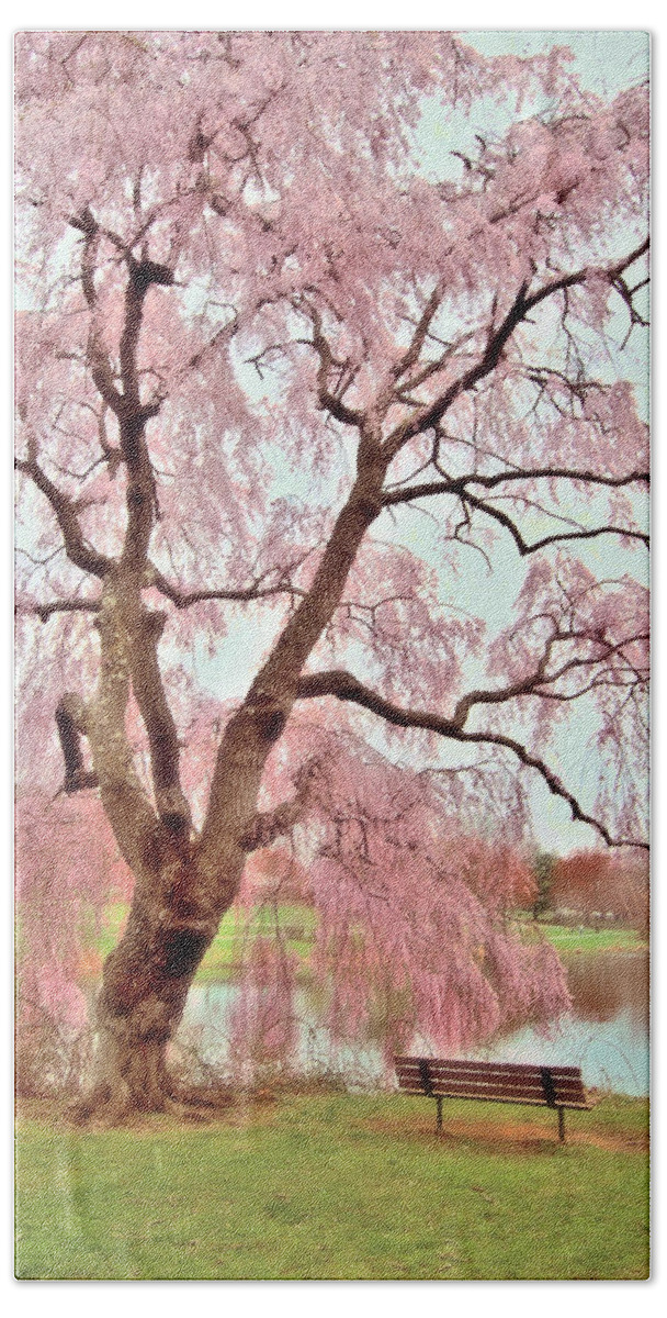 Cherry Blossom Trees Bath Towel featuring the photograph Meet Me Under The Pink Blooms Beside The Pond - Holmdel Park by Angie Tirado
