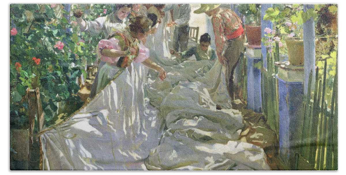 Sewing;straw Hat;geranium;sunshine;worker;workers;greenhouse;conservatory;interior; Pagoda Hand Towel featuring the painting Mending the Sail by Joaquin Sorolla y Bastida