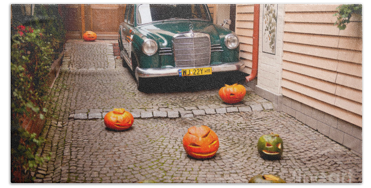 Antique Hand Towel featuring the photograph Mercedes Benz car and pumpkins by Arletta Cwalina