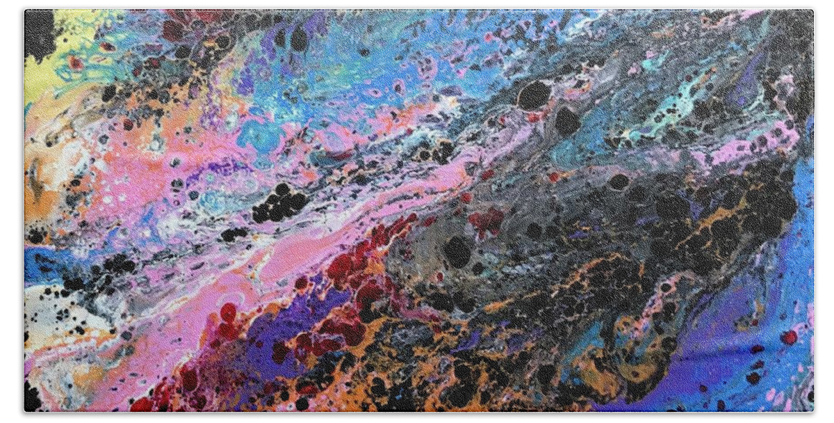 Acrylic Flow Pours Bath Towel featuring the painting Mercury Wars by Sherry Harradence