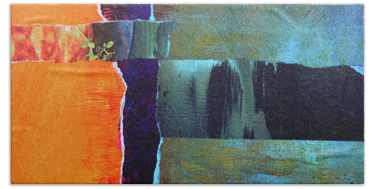 Abstract Mixed Media Collage Bath Towel featuring the mixed media Meridian Abstract Collage by Nancy Merkle