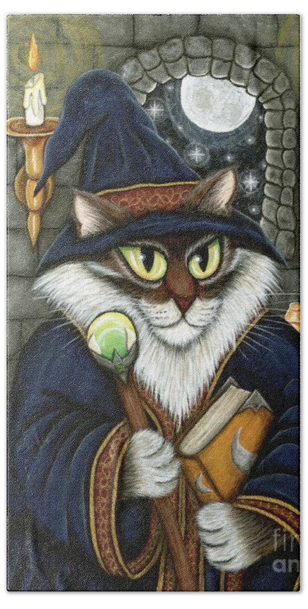 Merlin Bath Towel featuring the painting Merlin The Magician Cat - Wizard Cat by Carrie Hawks