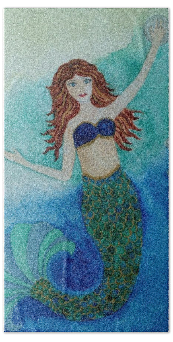Mermaid Hand Towel featuring the painting Mermaid And Bubbles by Susan Nielsen