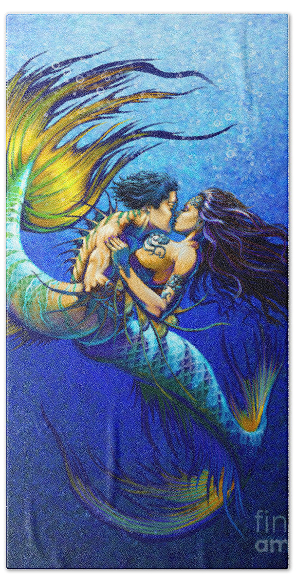 Mermaid Hand Towel featuring the painting Mermaid Kiss by Stanley Morrison