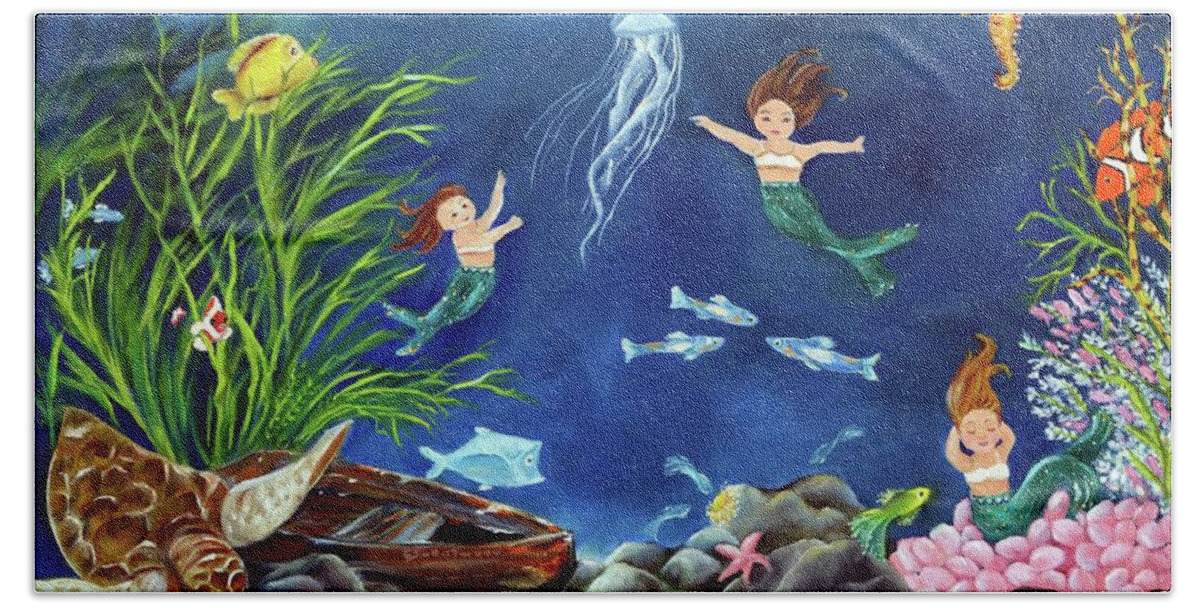 Sea Bath Towel featuring the painting Mermaid Recess by Carol Sweetwood