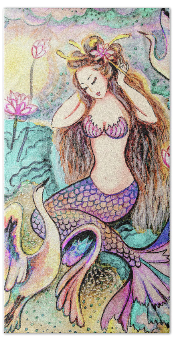Sea Goddess Bath Towel featuring the painting Mermaid Sunrise by Eva Campbell