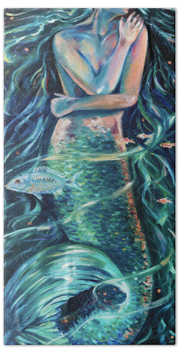 Mermaid Bath Towel featuring the painting Mermaid Swirl Glow by Linda Olsen
