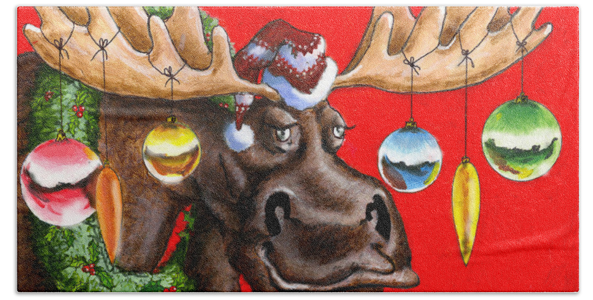 Moose Hand Towel featuring the painting Merry Chris Moose by Richard De Wolfe