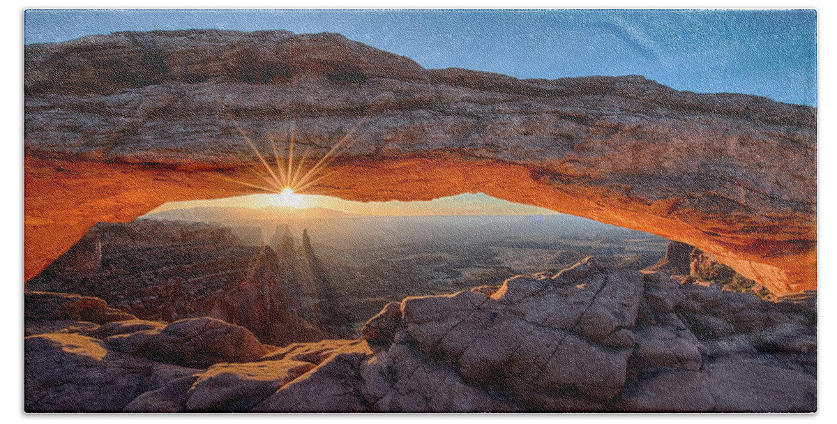 Canyonlands Hand Towel featuring the photograph The Sunrise View Through the Mesa Arch by OLena Art