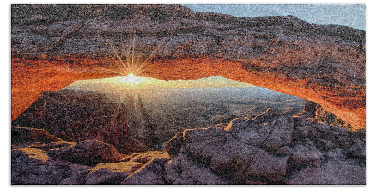 Olenaart Hand Towel featuring the photograph Mesa Arch Sunburst Moab Utah by OLena Art