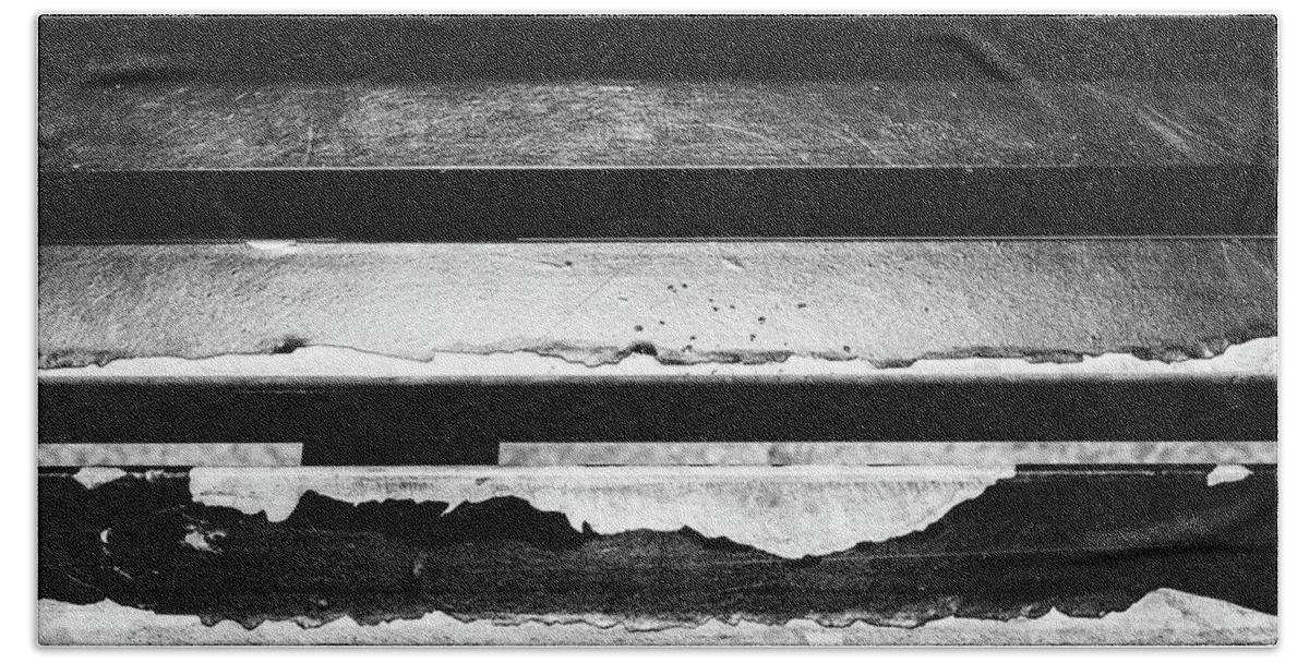 Metal Bath Towel featuring the photograph Metal Beams of Broken Paint Monochrome by John Williams