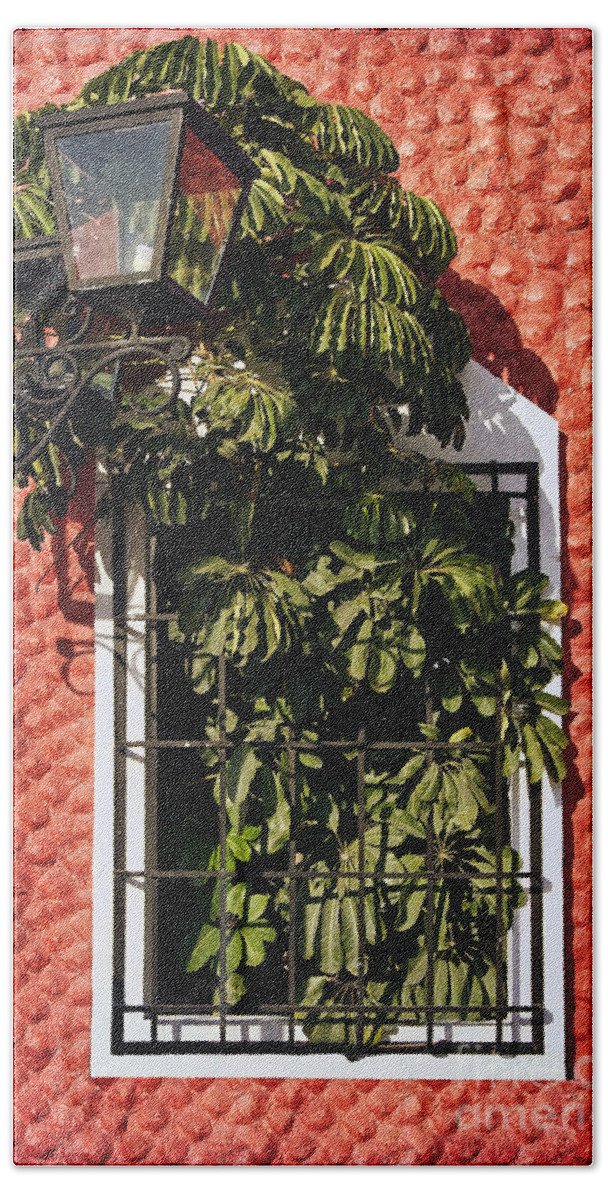 Window Bath Towel featuring the photograph Mexican Window Lamp and Green Leaves by Teresa Zieba