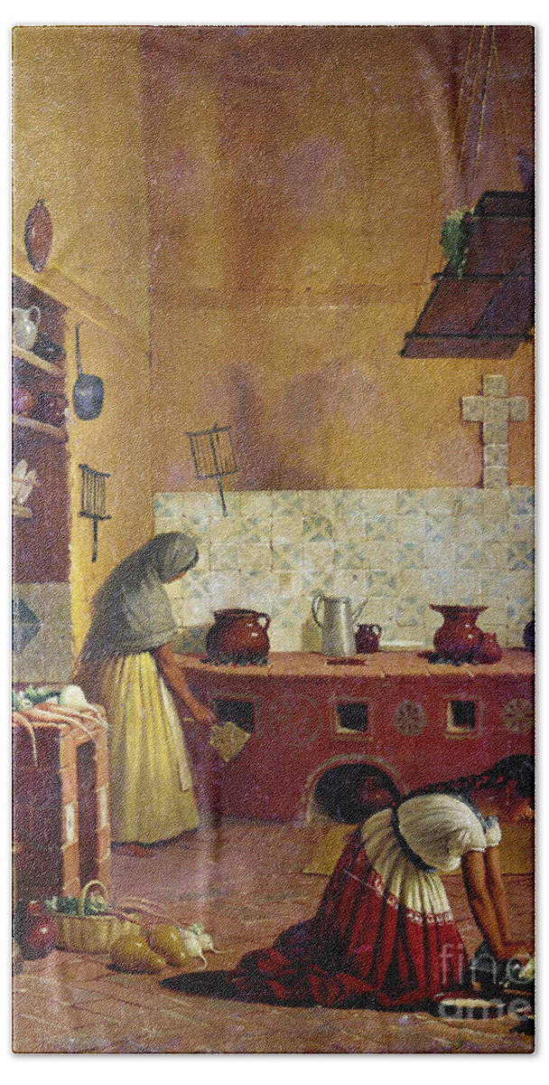 1850 Bath Towel featuring the painting MEXICO KITCHEN, c1850 by Unknown