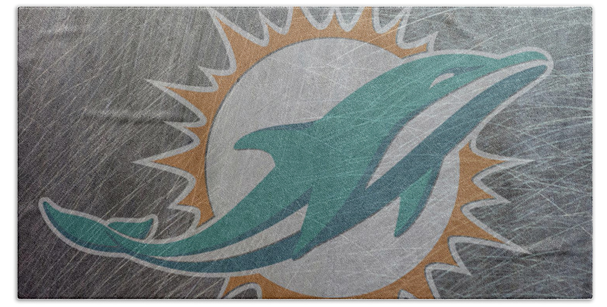 Miami Bath Towel featuring the mixed media Miami Dolphins Translucent Steel by Movie Poster Prints