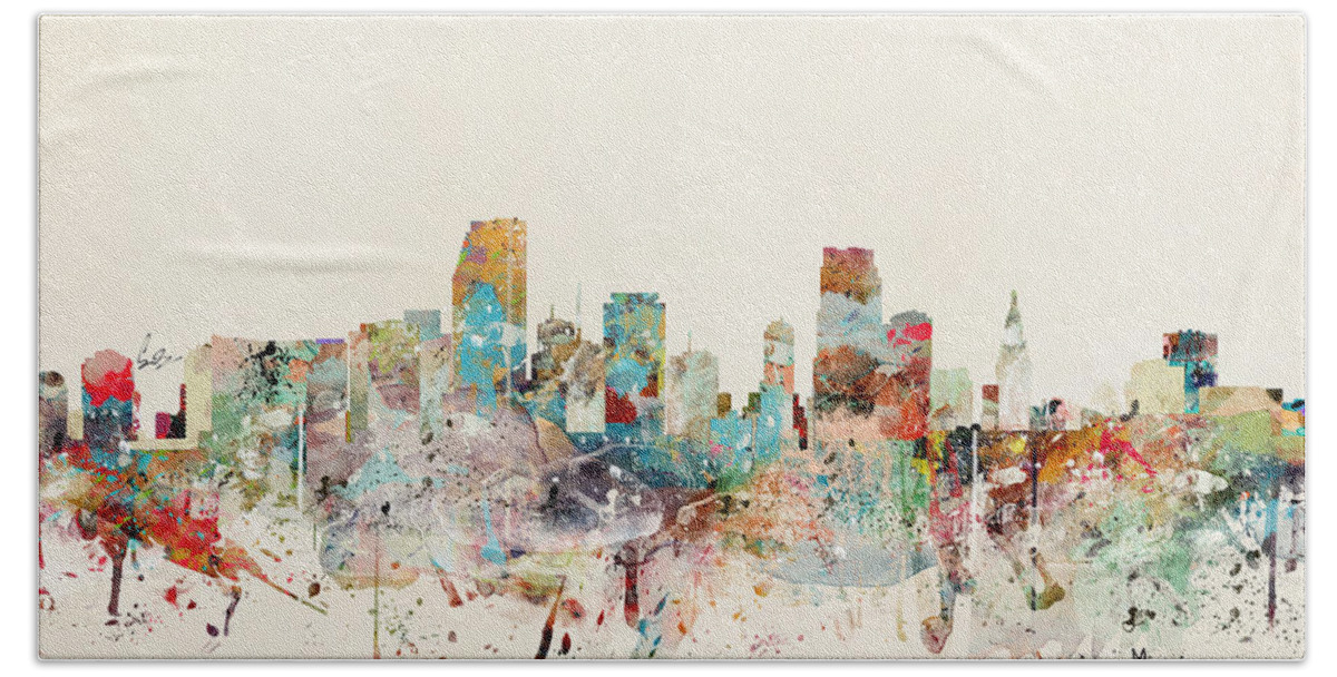 Miami Hand Towel featuring the painting Miami Florida City Skyline by Bri Buckley