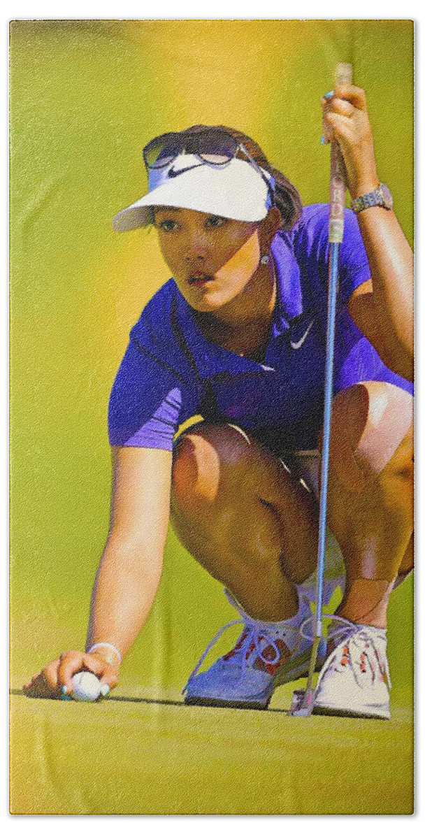 Art & Collectibles Bath Towel featuring the digital art Michelle Wie lines up her putt by Don Kuing