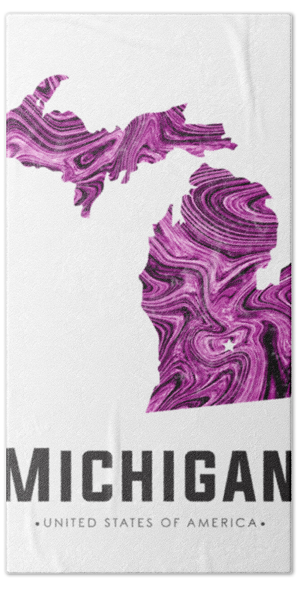 Michigan Hand Towel featuring the mixed media Michigan Map Art Abstract in Purple by Studio Grafiikka
