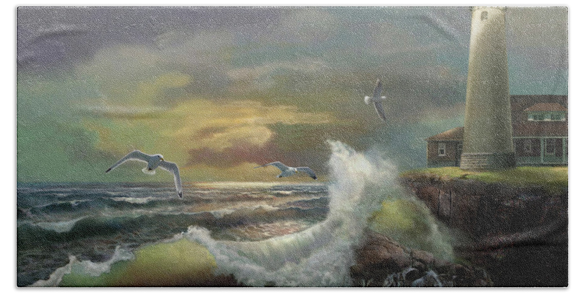  Michigan Seul Choix Point Lighthouse Art Print Hand Towel featuring the painting Michigan Seul Choix Point Lighthouse with an Angry Sea by Regina Femrite