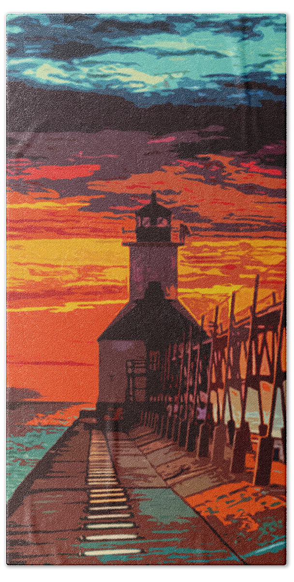 Michigan Bath Towel featuring the painting Michigan - St Joseph lighthouse by AM FineArtPrints