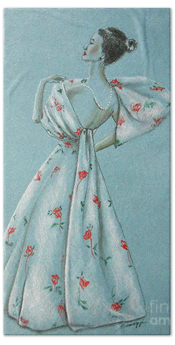 Model Hand Towel featuring the drawing Mid-Century Mode -- Drawing of 1950's Fashion by Jayne Somogy