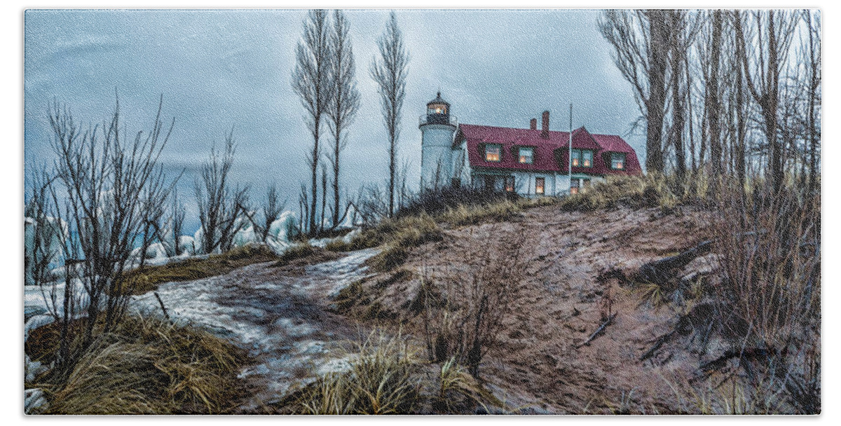 Point Betsie Lighthouse Hand Towel featuring the photograph Mid Winter thaw by Joe Holley