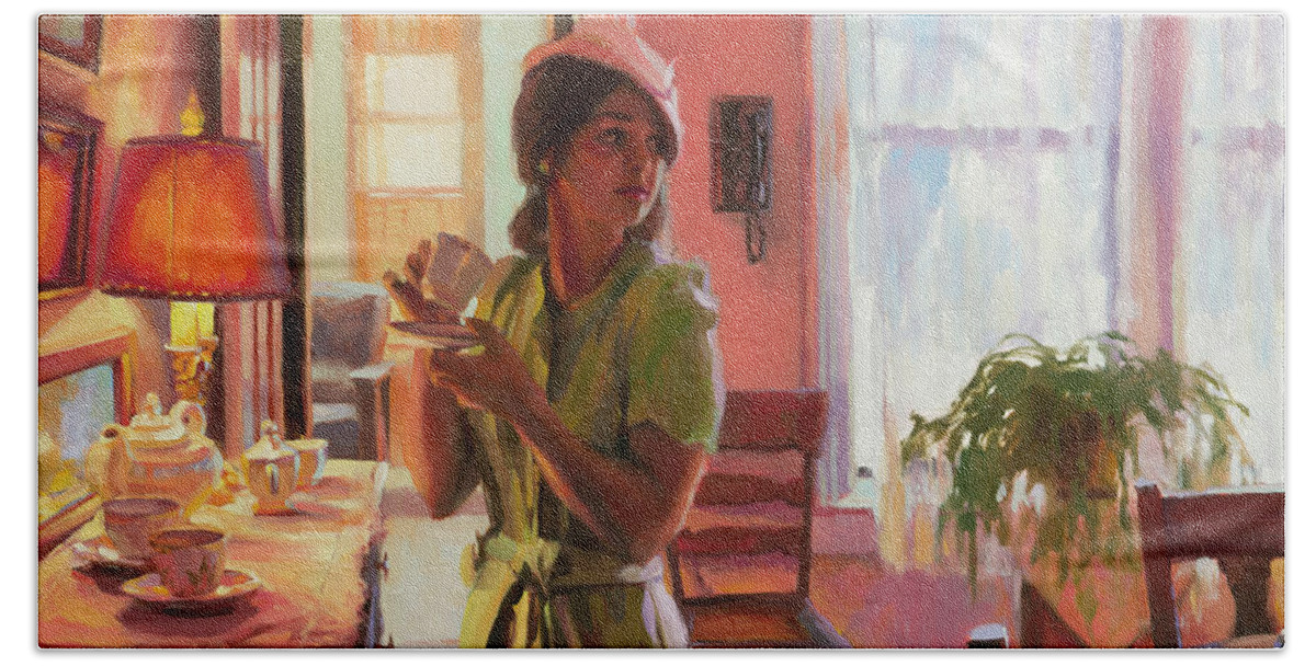 Nostalgia Hand Towel featuring the painting Midday Tea by Steve Henderson